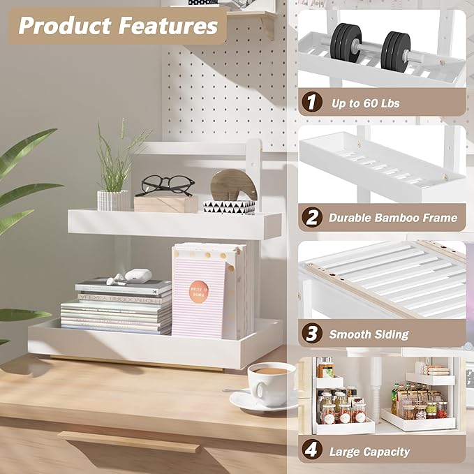 Bamboo Under Sink Storage 2 Tier Pull Out Cabinet Organizer Slide Out Under Sink Storage Shelf Undersink Organizers Shelves for Kitchen Bathroom Organization (White, 2 Packs)