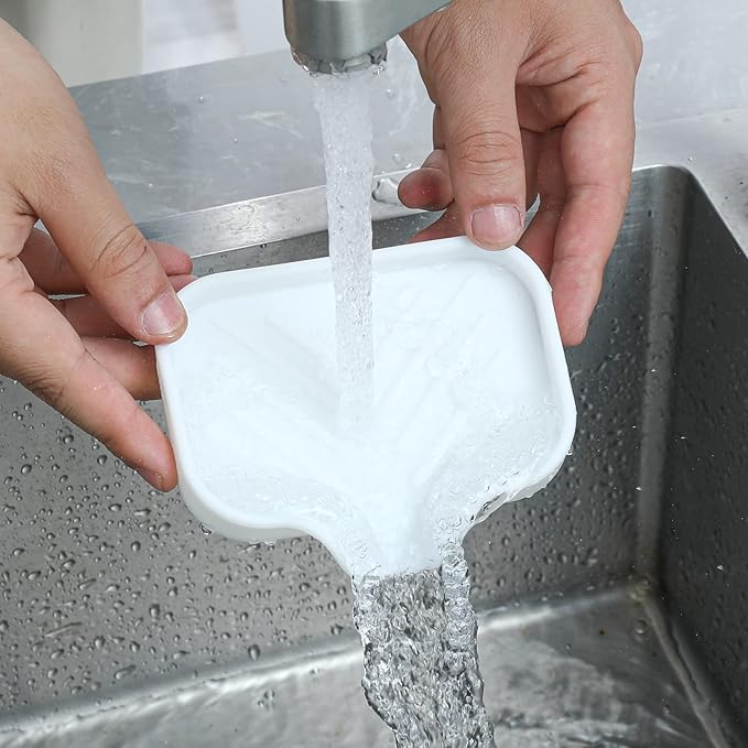 MicoYang Silicone Soap Dish with Drain Spout — Self-Draining Sink Organizer Tray for Bathroom & Kitchen, Holds Bar Soap, Sponges & Dispensers, Non-Slip & Dishwasher Safe, White (Small, 4.9"×3.2")