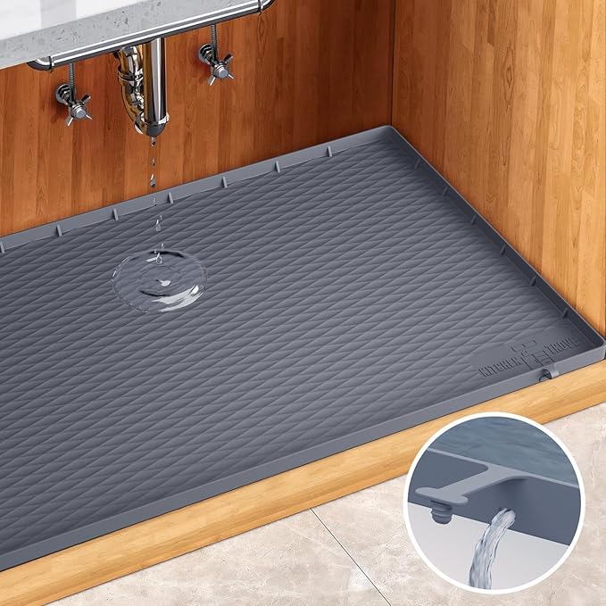 Heavy Duty Under Sink Mat for Kitchen Waterproof 34" x 22" | Extra Thick 1000g Silicone Under Sink Tray with Raised Edges for Kitchen & Bathroom Cabinet Organizer and Sink Drip Tray