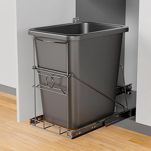 Pull Out Trash Can Holder, Adjustable Heavy Duty Cabinet Slide Out Kit for 7-11 Gallon Trash Cans, Under Sink Trash Can Rack with Smooth Ball Bearing Slides, Black, Trash Can Not Included