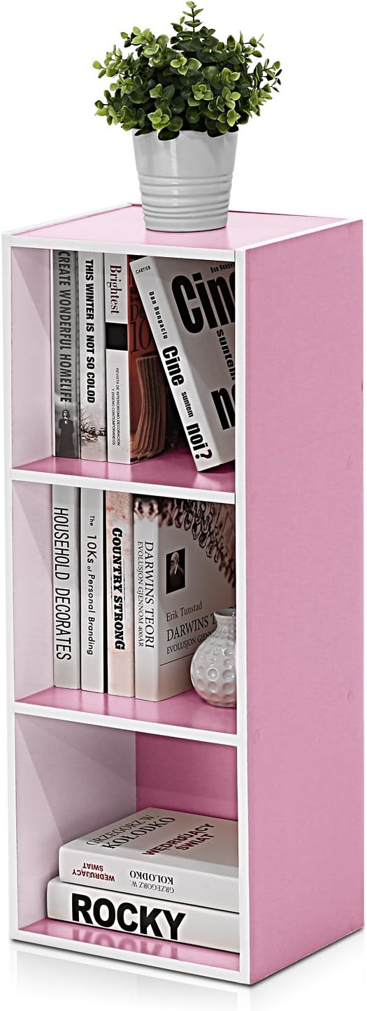 Furinno LUDER Book Shelf, 3-Cube Bookshelf, White/Pink