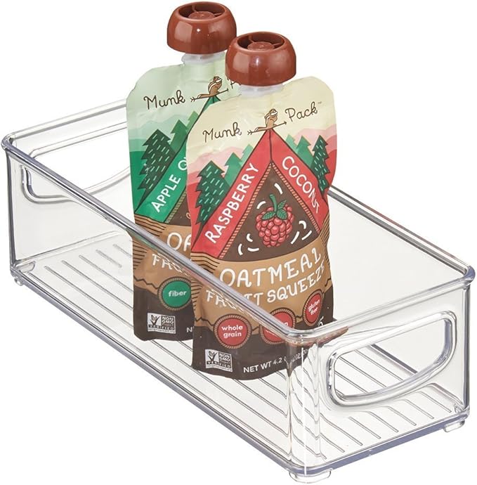 mDesign Stackable Plastic Food Storage Bin with Handles for Kitchen Pantry, Cabinet, Refrigerator, Freezer - Organizer for Fruit, Yogurt, Squeeze Pouches - BPA Free, 10" Long - Clear