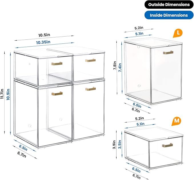 LALOBLUE Clear Stackable Drawer Organizer, 4 Pack Acrylic Storage Drawers with Pull-Out Design, Space-Saving Organizer for Bathroom, Vanity, Kitchen & Office