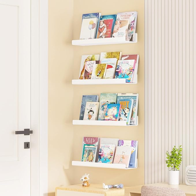upsimples Acrylic Shelves for Wall Decor, 15" Display Shelf Perfume Organizer for Bathroom, Bedroom, Living Room, Floating Bookshelves for Kids, White, 4 Pack | for Kids