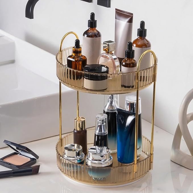 360 Rotating Makeup Organizer, Yellow, Unisex, 2 Tier Countertop Storage