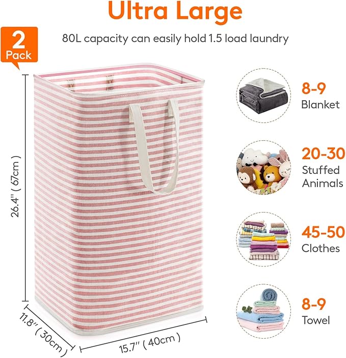 Lifewit 2 Pack Laundry Basket 80L Each, Collapsible Clothes Hamper with Reinforced Handles, Freestanding Waterproof Design for Bedroom and Laundry Room, Pink 160L Total