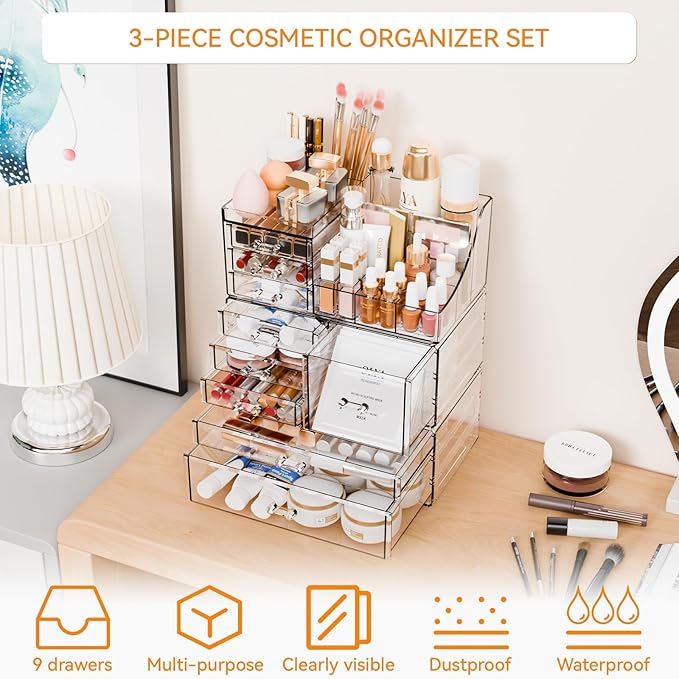 3 Pack Clear Makeup Organizer Countertop for Dresser