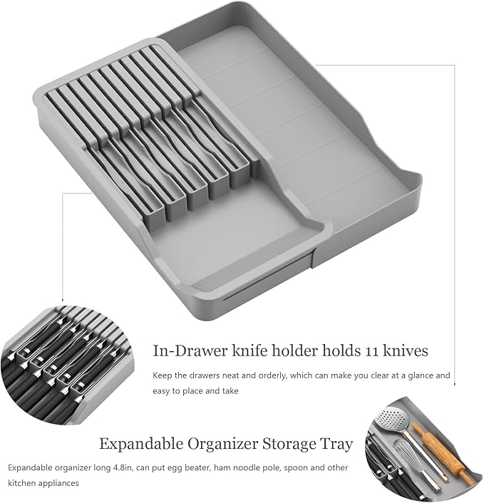 Expandable Drawer Knife Insert Organizer - Plastic Knife Storage Tray for Kitchen Drawers, Adjustable to Fit 11 Knives, BPA-Free, Ventilated, Space-Saving, Easy to Clean