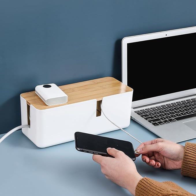 Changsuo Small Cable Management Box with Bamboo Lid for Extension Cord Power