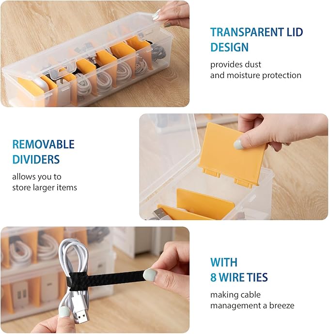 Cable Organizer Storage Box with 8 Cable Ties, Clear Phone Charger Organizer Case Wire Organizers for Cords Electronic Storage Box for Drawer Desk Office Home (1 Pack)