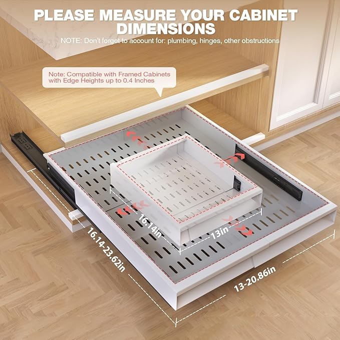 Seinloes Pull Out Cabinet Organizer, 4-Side Expandable to Fit Most Cabinets, 3 Rail Slide Out Drawers with Raising Pad for Framed & Frameless Cabinets, 13"-21" W x 17"-24" D, White, 2 Pack