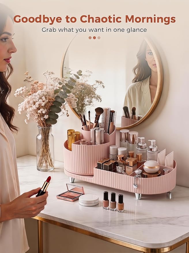 Rotating Makeup Caddy Organizer for Vanity, Pink