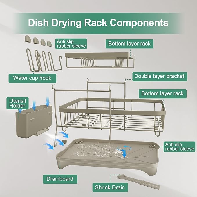 Dish Drying Rack, 2-Tier Dish Drying Rack with Utensil Holder – Large Capacity Auto-Draining Dish Drainer with Drainboard for Kitchen Counter, Grey
