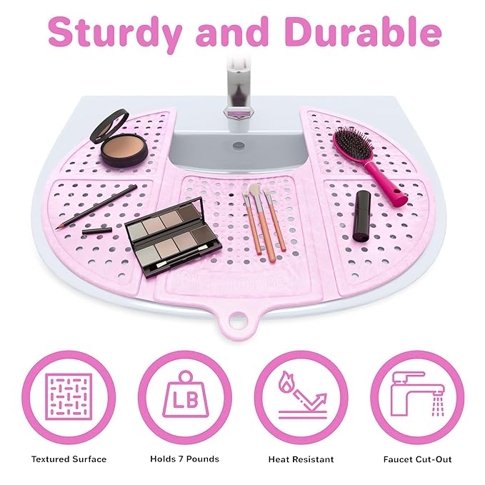 Sink Topper Bathroom Counter Cover & Storage Saver, Foldable Silicone Mat for Hot Tools, Hair Styling & Makeup, Beauty Brush Cleaning Mat, RV Camper Sink Cover & for Small Spaces (Standard Pink)