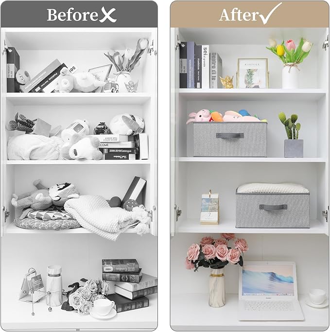 Storage Baskets, 15.7 Inch Woven Fabric Bins, Storage Cubes with Reinforced Handles, Organizer Bins for Closet Shelves, Foldable, for Toys, Clothes (2PCS/Grey-15.7*11*7.8inch)