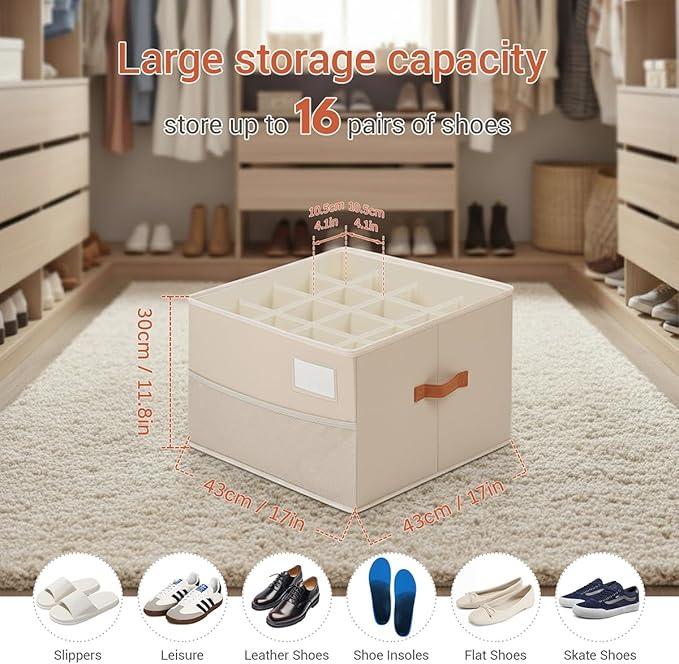 Shoe Organizer for Closet, Foldable Shoe Storage Organizer Containers with Clear Cover, Space Saving Shoes Holder with Handles, Beige (1, L)