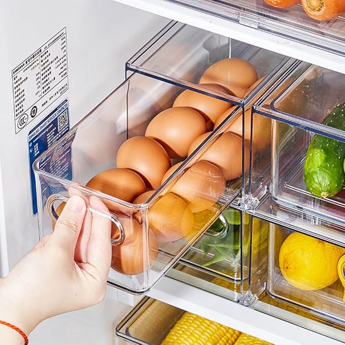 4Pack Stackable Fridge Drawers Pull-out Storage Bins with Handle Clear Food Container for Refrigerator Plastic Dresser Organizer Fruit&Veggie Keeper for Freezer Cabinet Kitchen Organization