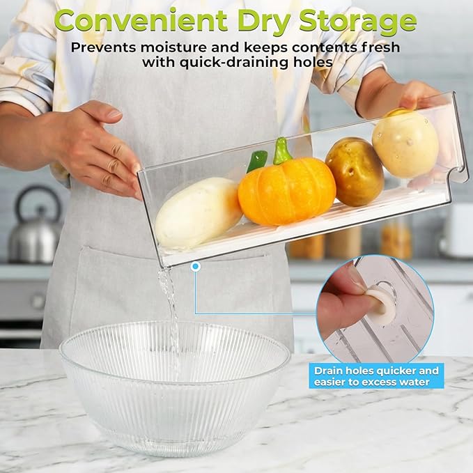 4Pack Fridge Organizer, Stackable Refrigerator Organizer Bins, Reusable Food Storage Containers, BPA-Free with Drain Tray for Bathroom, Kitchen, Refrigerator, Pantry (4 Drawers, Large, Medium)