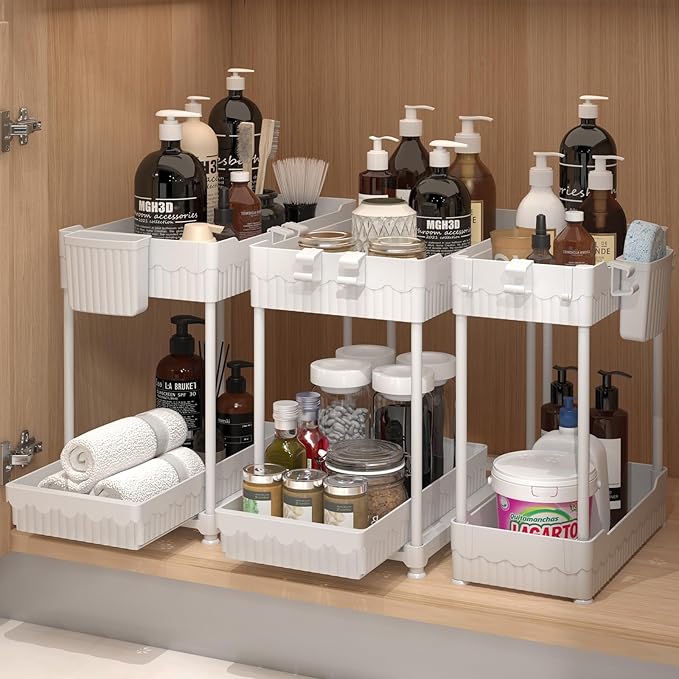 Sevenblue 3 Pack Under Sink Organizers, 2-Tier Multi-Use Kitchen and Bathroom Organizers and Storage with Sliding Drawers, Bathroom Cabinet Organizer (White, 12.8 Inch)