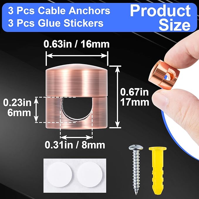 SmallCat 3 Sets Charger Holders for Cords, Adjustable Cable Anchor Holders, Adhesive Metal Cord Clips, Cable Management Wire Organizers for Desk, Office, Nightstand - Gold, Red Bronze, Rose Gold