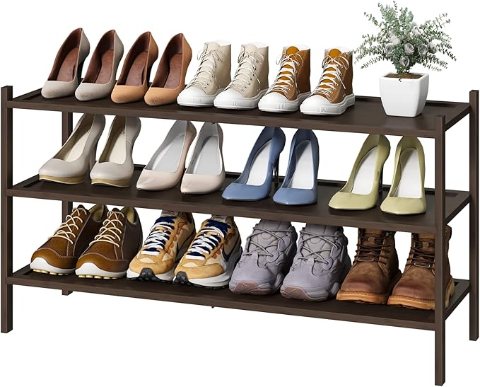 kiplant 3-Tier Long Shoe Rack, Bamboo Wood Shoe Rack for Entryway, Stackable | Foldable | Natural, Shoe Organizer for Hallway Closet, Free Standing Shoe Racks for Indoor Outdoor