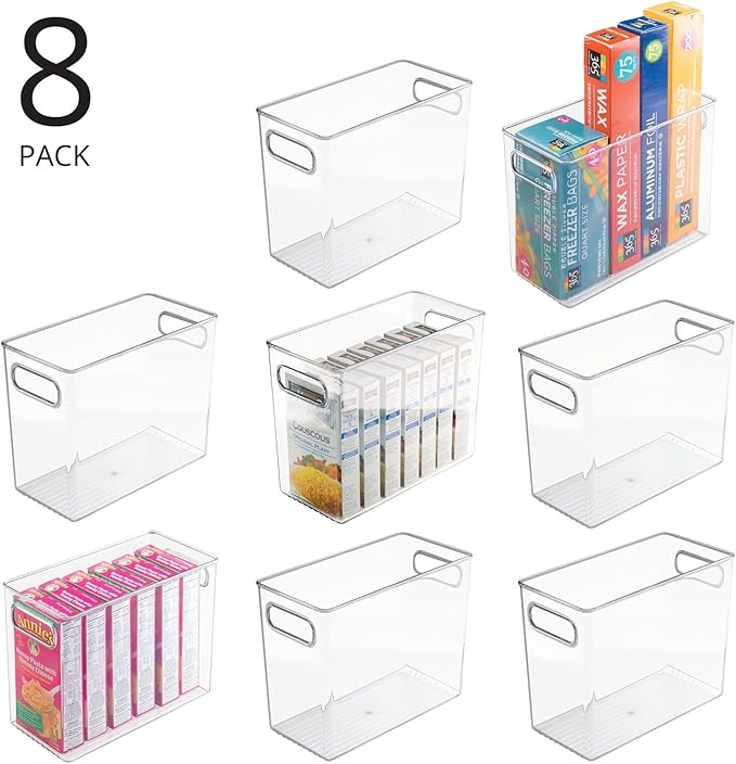 mDesign Plastic Tall Food Storage Organization Container Bin with Handles for Kitchen, Pantry, Cabinet, Fridge/Freezer, Countertop - Organizer for Snacks/Appliances, Ligne Collection, 8 Pack, Clear