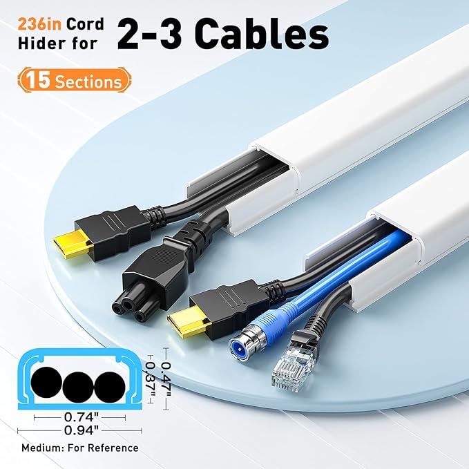 Delamu Cord Hider, 236in Cable Hider, Cord Covers for 2-3 Wires on Wall, Wire Covers for Cords, Wire Hiders for TV on Wall, Easier Setup Cable Cover Cable Management, W0.94 H0.47in,White