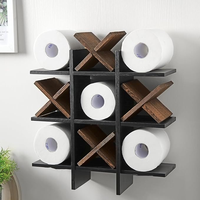 Weysat Tic Tac Toe Toilet Paper Holder Stand Bathroom Wall Decor Rustic Wooden Hanging Storage Freestanding Wall Mounted Shelves Decor for Toilet Tissue Farmhouse