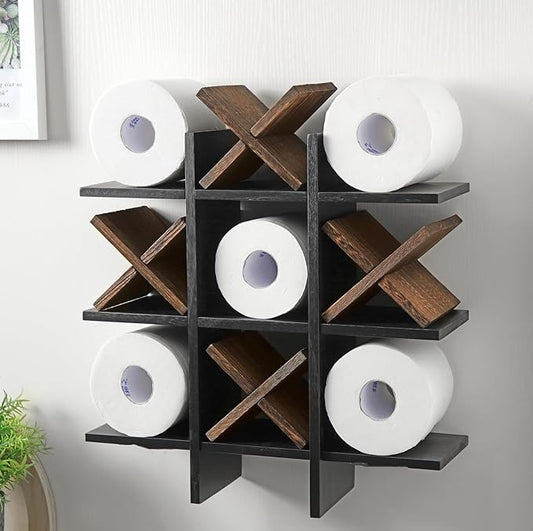 Weysat Tic Tac Toe Toilet Paper Holder Stand Bathroom Wall Decor Rustic Wooden Hanging Storage Freestanding Wall Mounted Shelves Decor for Toilet Tissue Farmhouse