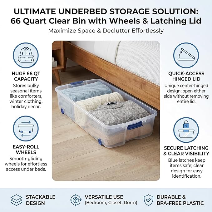 66 Quart Clear Underbed Storage Bin with Wheels & Latching Lid - Low Profile Plastic Storage Container for Clothes, Shoes, Bedding, Wrapping Paper Organizer, Slim Rolling Under Bed Storage Box