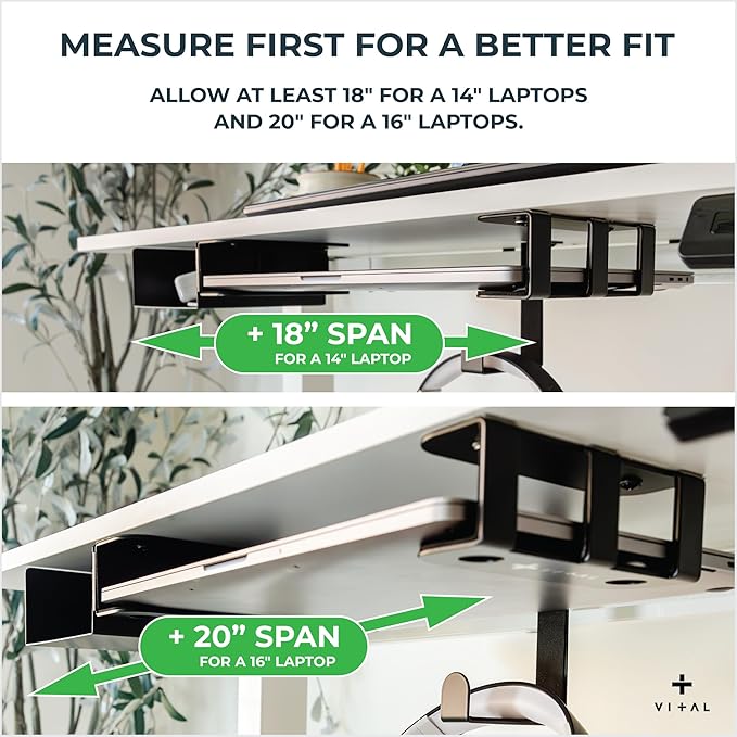 VI+AL Under Desk Laptop Mount - Hidden Metal Shelf with Side Storage, Hook & Cable Organizer - Installs with Tape & Screws - Fits Devices up to 1.7" Thick - Deluxe