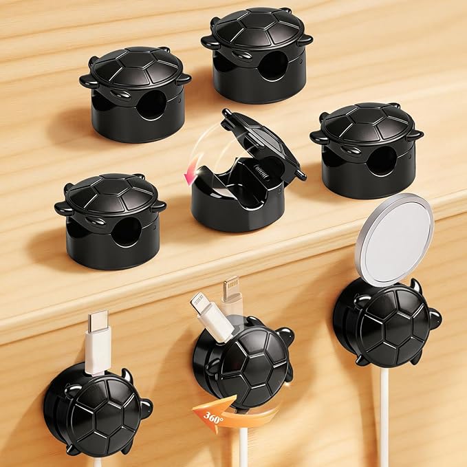 Lancord 8 Pack Rotatable Cable Clips, Cord Organizer Spring Clip Cord Holder for Nightstand Charging Cable Management Clips for Desk Office Car Wall (Black)