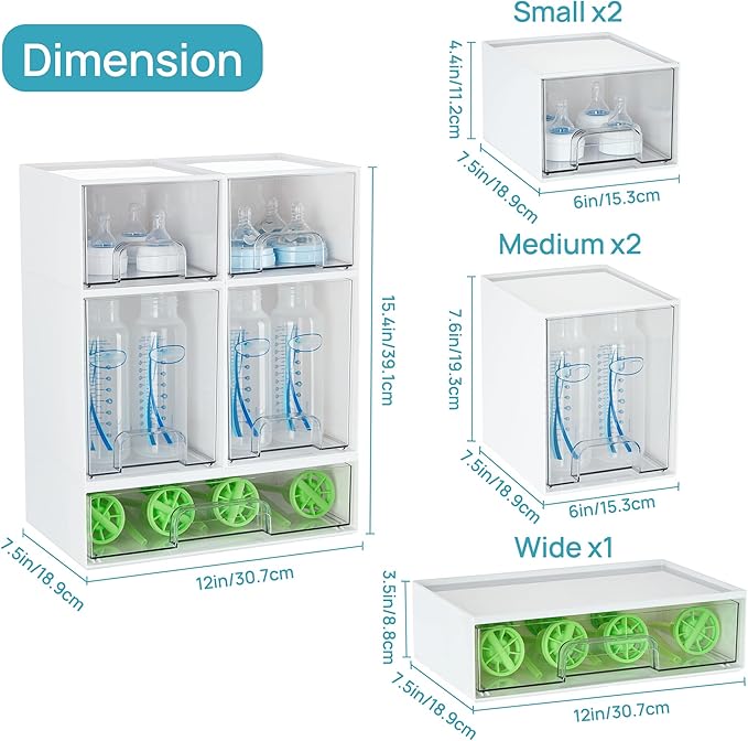 Stackable Storage Drawers Set of 5, Plastic Organizer Bins for Baby Bottle