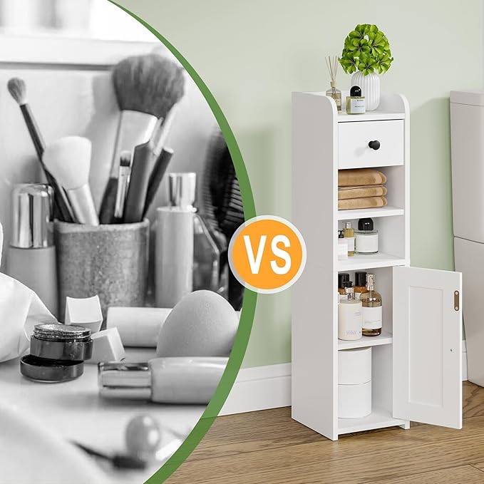 Lomojo Small Bathroom Storage Cabinet,Narrow Toilet Paper Holder,Corner Floor Cabinet with Doors and Drawer for Small Space,Adjustable Shelf Organizer,7.75L*7.75D*29.6H,White