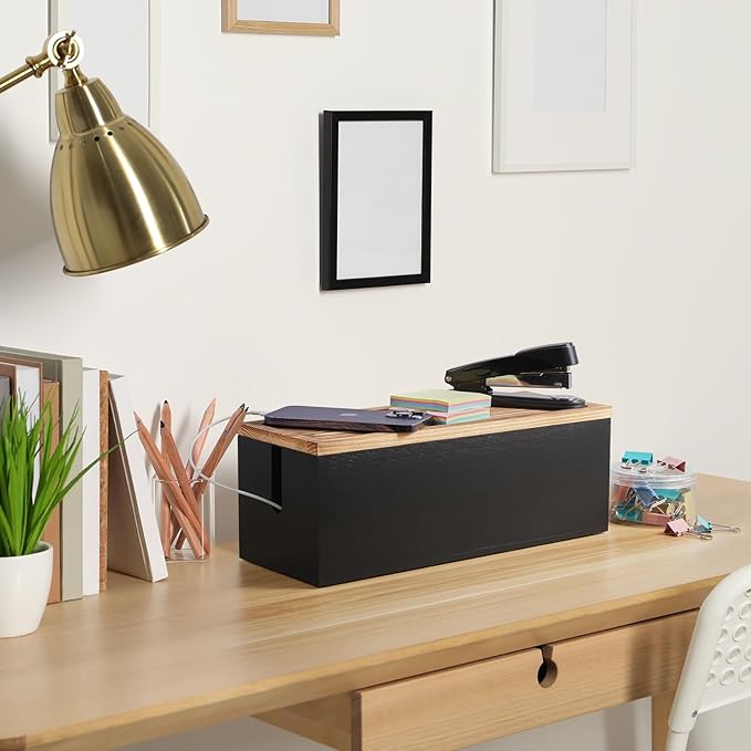 Large Cable Management Box, Wooden Cord Organizer Box for Desk, Floor, Black