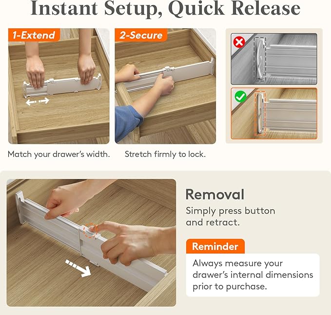 Lifewit Drawer Dividers for Clothes, 3.2" High 10.5"-16.5" Expandable Dresser Drawer Organizers, Adjustable White Plastic Separators for Kitchen, Cabinet, Nursery, Socks & Underwear Storage, 4 Pack