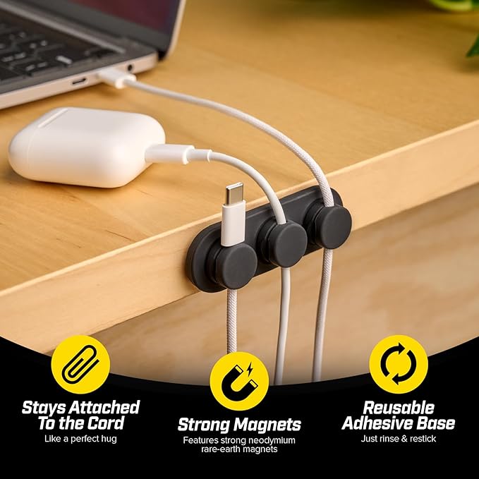 Wrap-It Storage MagnaDock Magnetic Cable Holder - 2-Pack (Black) - Adhesive Cable Clips Cord Organizer Desktop Cord Holder for Nightstand Desk Cable Management