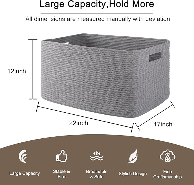 OIAHOMY 75L Large Blanket Basket, Woven Blanket Storage Basket with Handle, Cotton Rope Basket for Organizing 22”x17”x12”, Blanket Basket living Room, Toy Basket for Nursery, Grey
