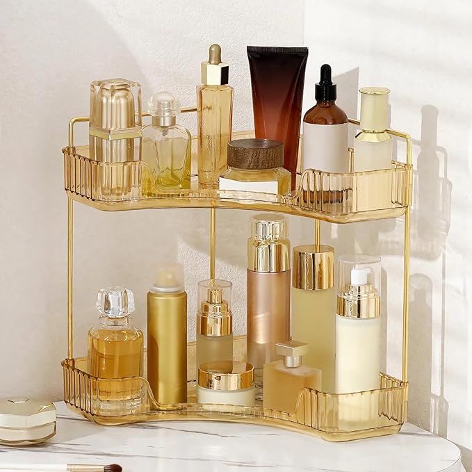 INVSSENE Corner Bathroom Countertop Organizer, Vanity Organizer Trays for Counter, Makeup Organizers, Perfume Tray, Skincare Shelf Storage Gifts for Women Girl Student (Yellow, 2 Tiers)