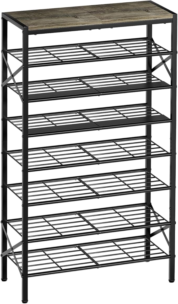 8-Tier Tall Shoe Rack Organizer Shoe Storage for Entryway 24-32 Pairs Metal Shoe Rack for Closet Heavy-Duty Shoe Rack with Wooden Top Shelf for Garage Gray