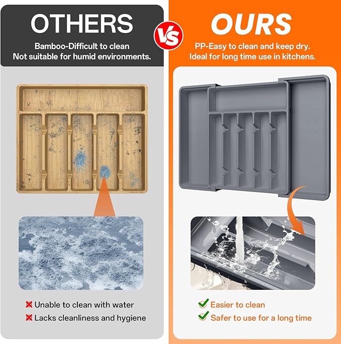 RoomHacks Large Silverware Organizer,Expandable Utensil Drawer Organizer,BPA Free Utensil Holder,Adjustable Silverware Tray Cutlery Drawer Organizer for Kitchen Flatware,Large,Grey,2 Pack