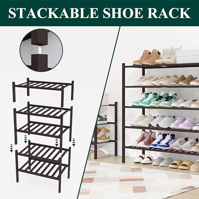 Smiry Long Bamboo Shoe Rack, 2 Tier Free Standing Wooden Shoe Organizer, Stackable Wood Shoe Storage Shelf for Closet, Entryway, 12 Vertical Slats, One-piece Standard Legs, 33.7"x11"x13", Brown