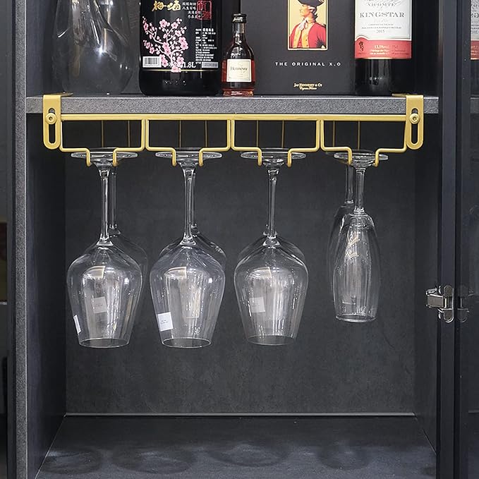 Adjustable Under Cabinet Stemware Holder - Metal Wine Glass Hanger Organizer for Kitchen, Bar, Shelf - Rustproof Hanging Storage Rack for 6-8 Glasses - Space Saving Decor (Gold, 4 Rows)