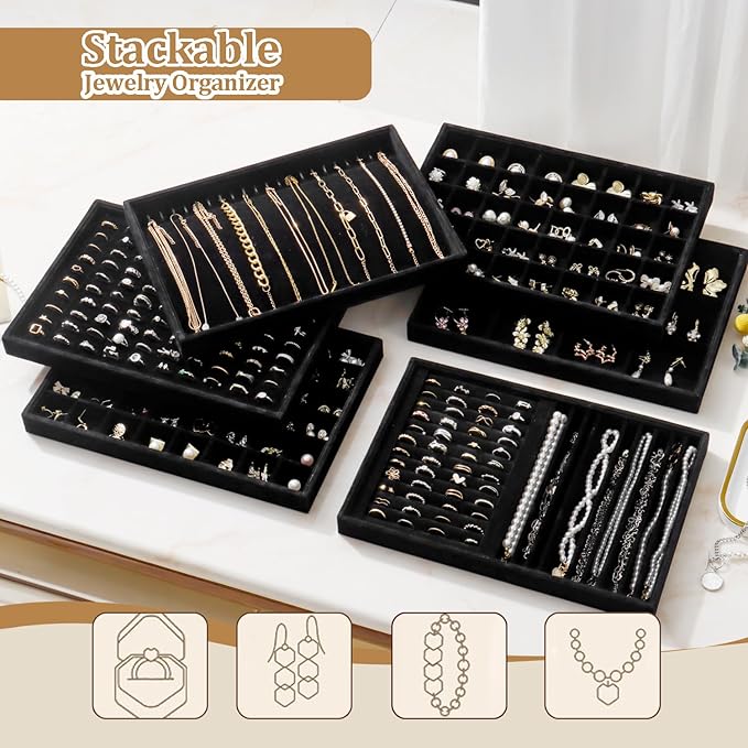 Large Velvet Jewelry Tray 2 Pack Stackable Jewelry Display Drawer Inserts Trays Organizer for Earring Bracelet Necklace Ring (Black, 40 Grids)