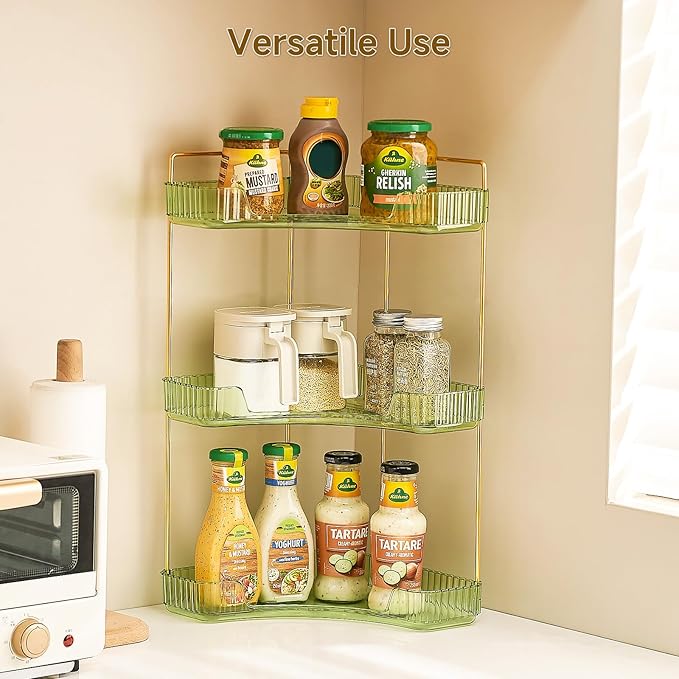 Ceruaxb 3-Tier Corner Bathroom Counter Organizer, Plastic Countertop Makeup Organizer, Large Capacity Vanity Bathroom Perfume Shelf Rack for Kitchen Office Desktop (Green)