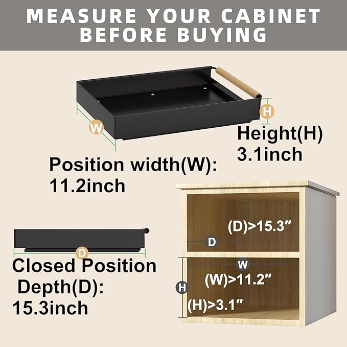 Pull Out Cabinet Organizer, 15.3'' Deep Expandable Slide Out Cabinet Organizer Fixed with Adhesive Nano Film, Slide Out Drawers Pull Out Tray for Cabinet in Kitchen, Pantry, Bathroom, Black