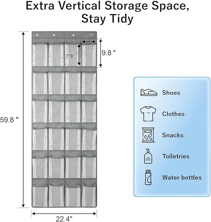 F-color Large Hanging Organizer - Over the Door Shoe Organizer, Cruise Essentials for Closet & Pantry, 24 Breathable Mesh Pockets, Space Saving Hanging Storage Holder with 4 Heavy-Duty Metal Hooks
