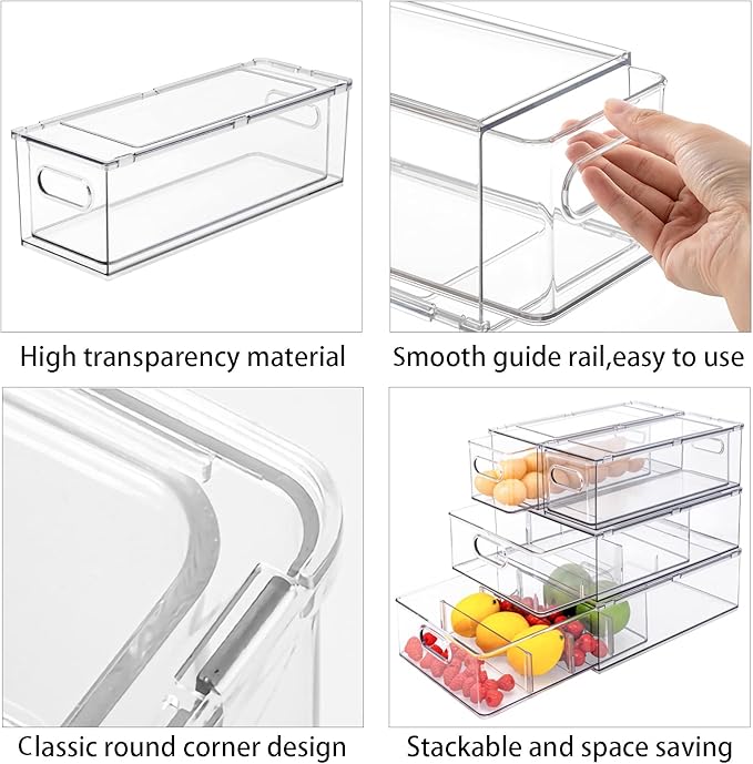 9 Pack Stackable Refrigerator Organizer Bins Pull-Out Drawers for Fruit and Veggies Storage Organizer for Fridge Clear Drawer Containers with Handle Divided Organization for Produce Saver