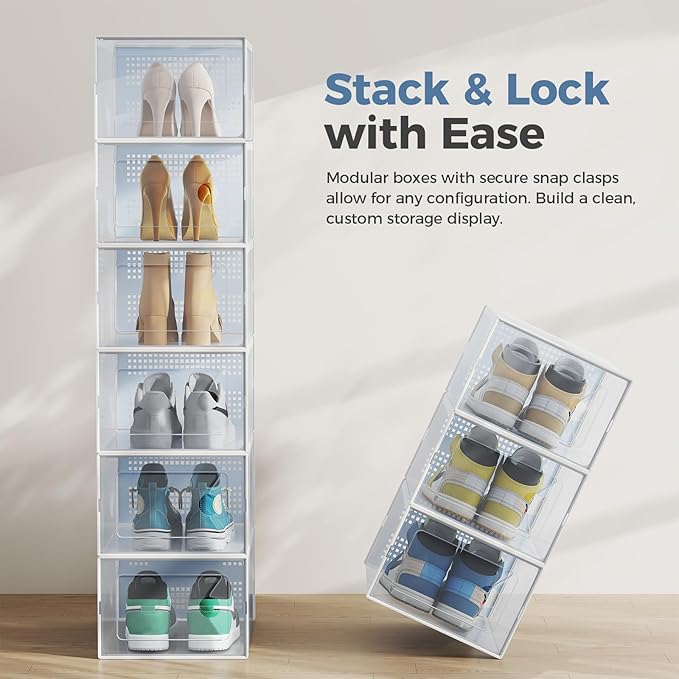 DUMOS Shoe Storage Boxes, 12-Pack Stackable Clear Shoe Containers with Lids, Display Sneaker Case Organizer for Closet, Under Bed, Entryway,White (Fit Size 9)