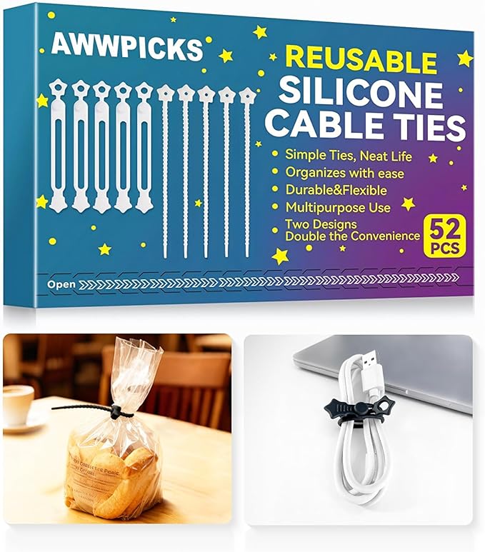 Quick Bind–52PCS Silicone Cable Ties Reusable, White